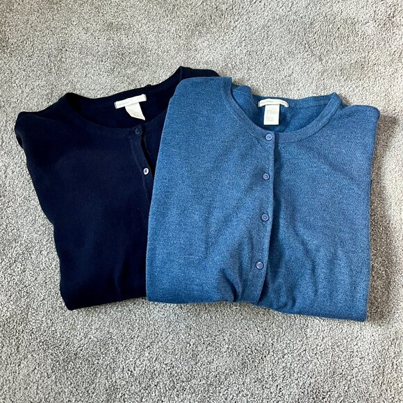 2 H&M Fine Knit Crewneck Cardigans Navy Blue & Medium Blue SIze M - Picture 1 of 16